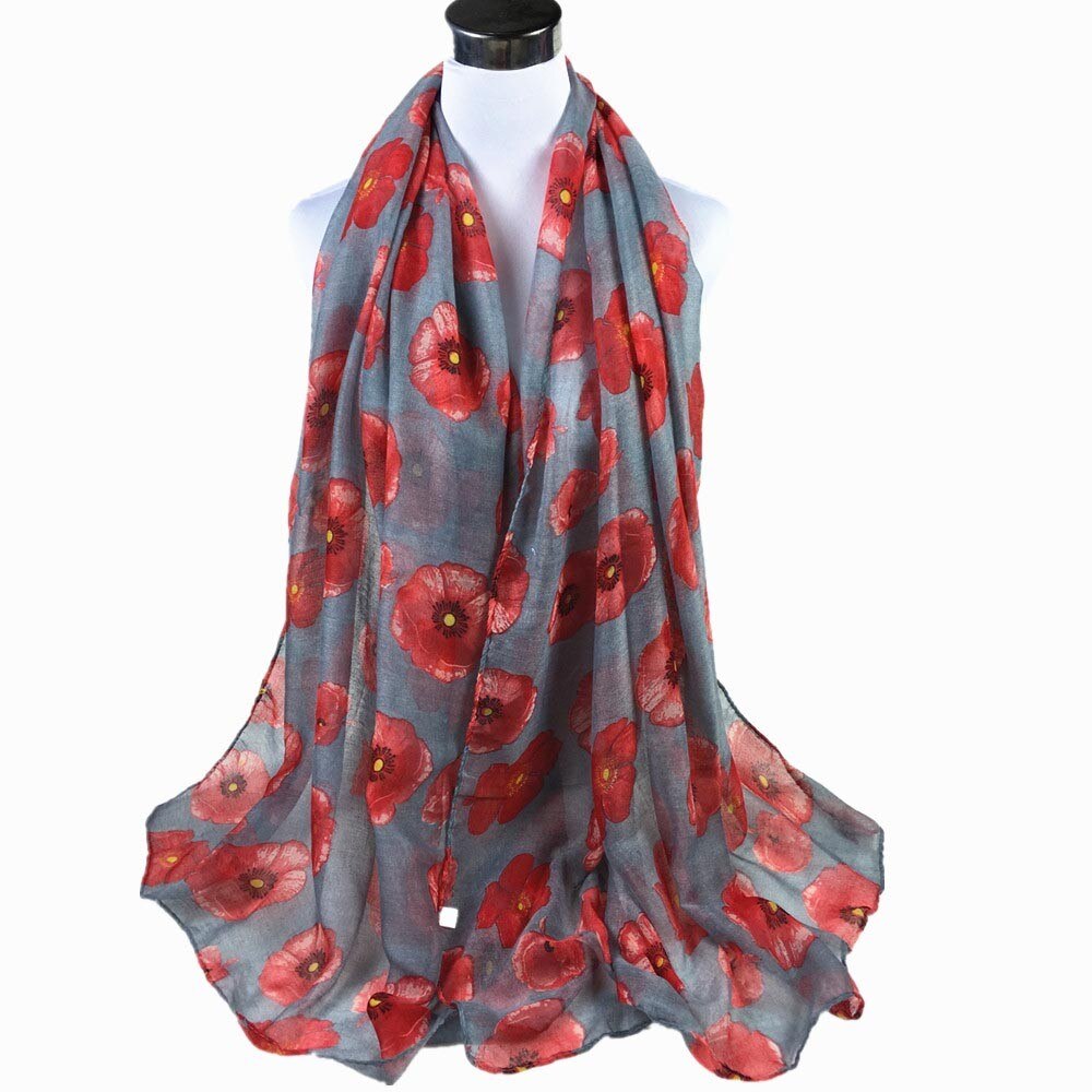 Rød valmue trykk lang skjerf blomst strand wrap sjal skjerf kvinner echarpe hiver femme foulard femme szaliki i chusty  #30: Grå