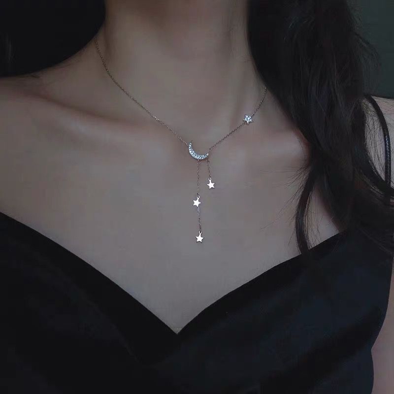 925 prata esterlina moda clavícula corrente temperamento simples personalidade lua e as estrelas borla colar para estudante do sexo feminino