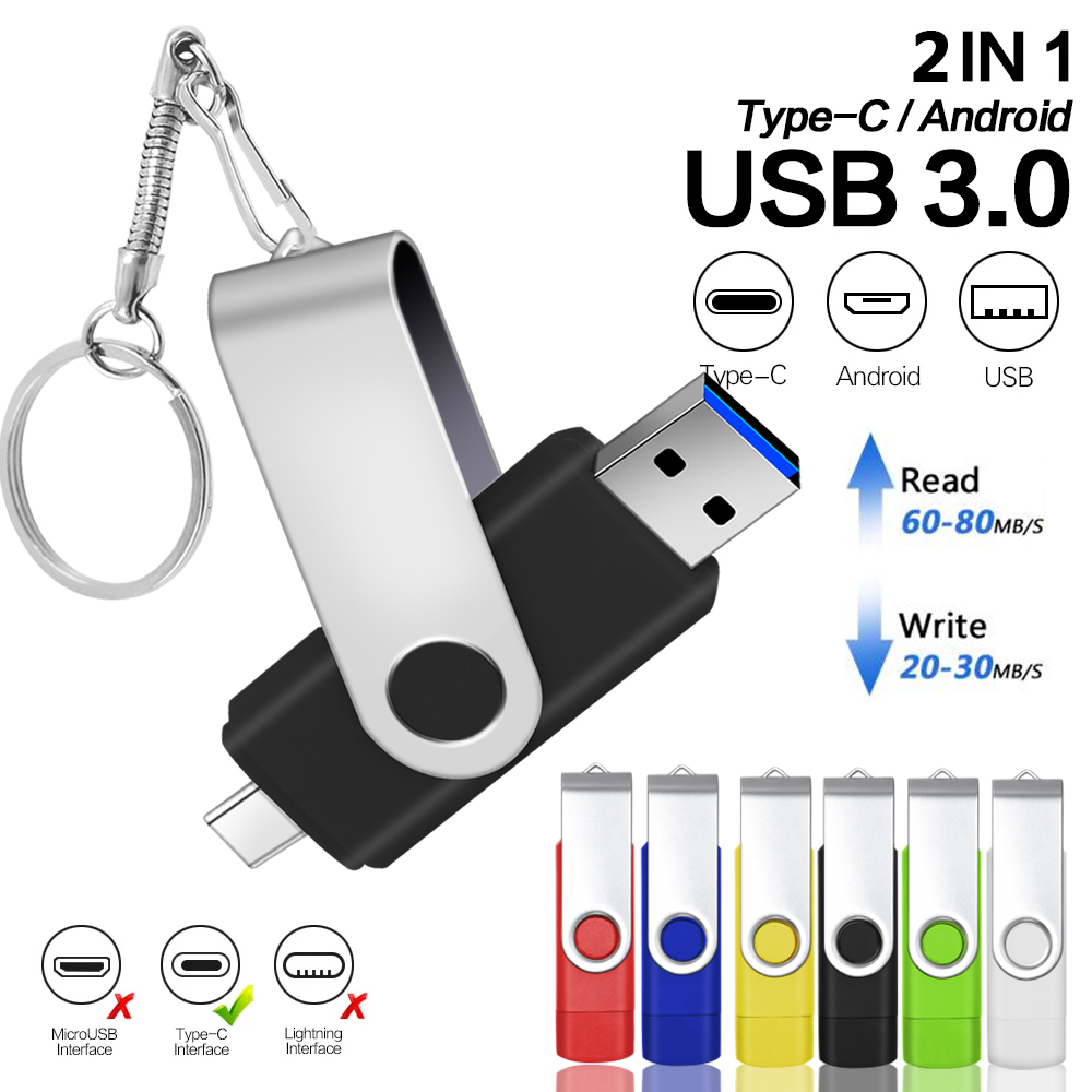 TYPE C USB 3.0 Flash Drive Metal Pen Drive128GB64GB 32GB16GB 8GB Memory Stick 2IN1 High Speed Pendrive U Disk External Storage