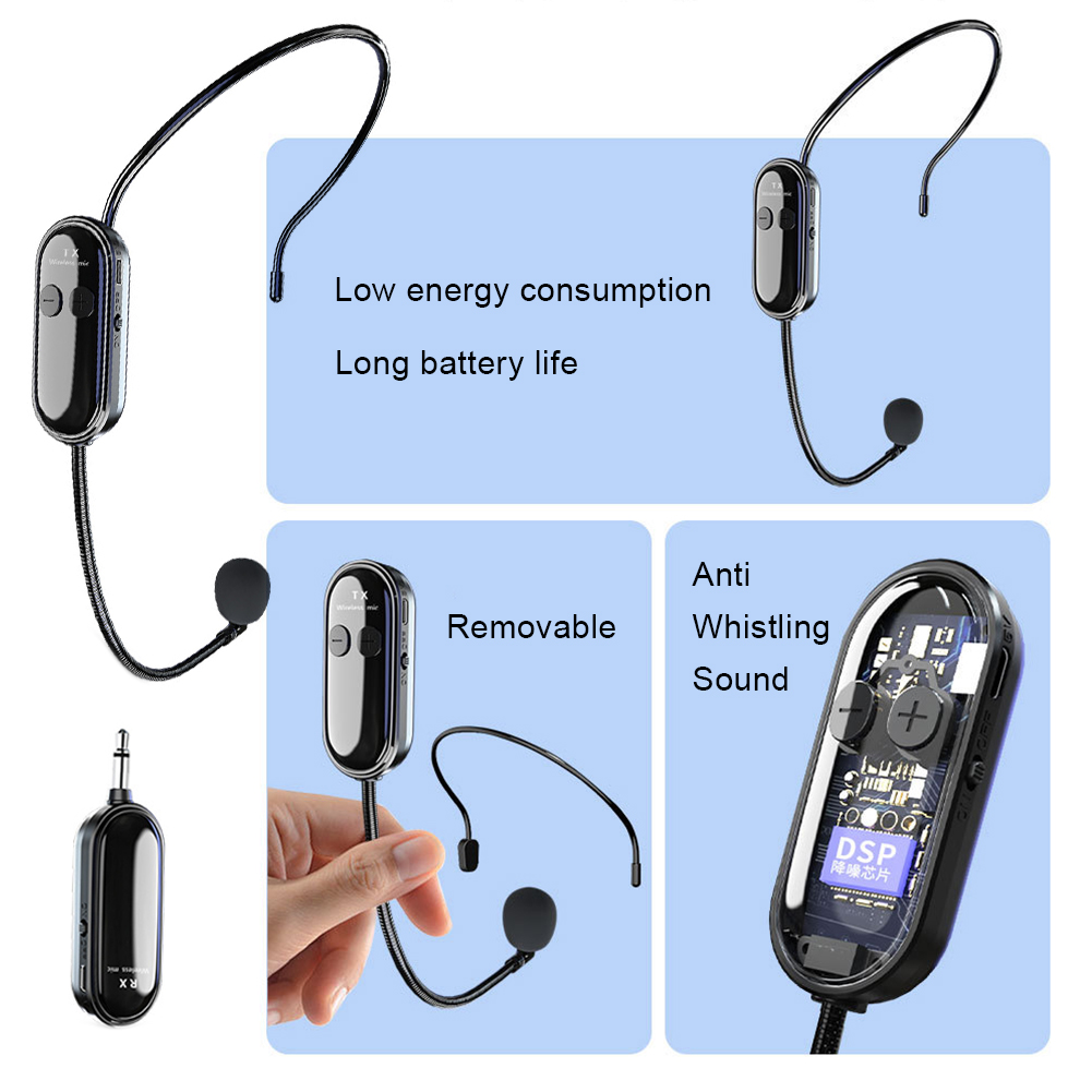 2.4G Wireless Microphone Headset with Receiver UHF Wireless Headset Handheld 2 in 1 Mic for Voice Amplifier Stage Speakers Teach