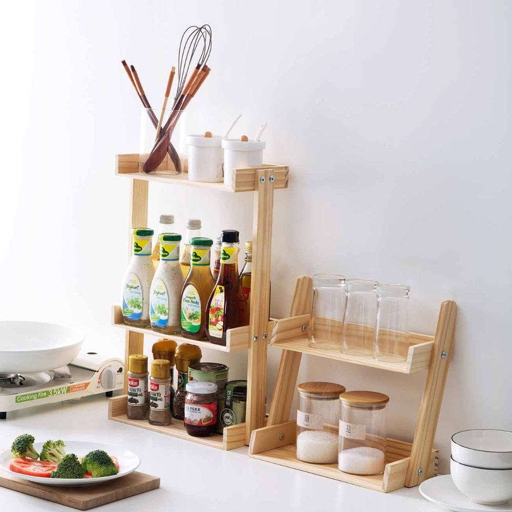Desktop Wood Shelf Kitchen Rack Organizer Kitchen Storage Shelf Spice Rack Seasoning Jars Bottles Holder Kitchen Accessories