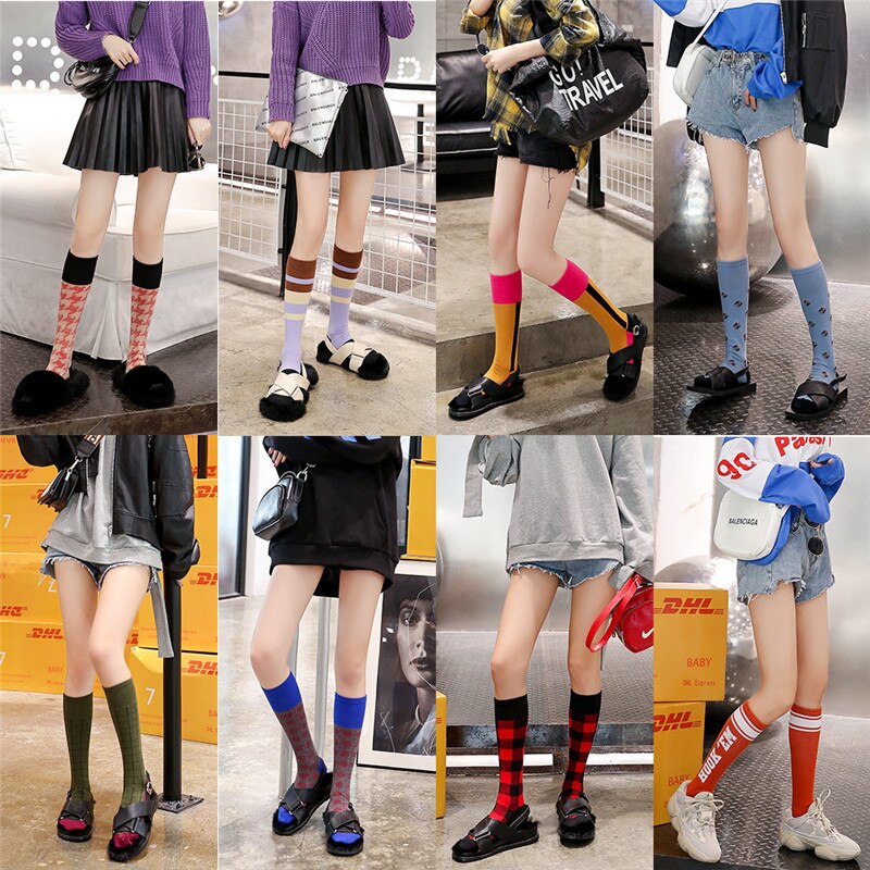 Di lusso plaid Calzini E Calzettoni della Donna Al Ginocchio di Modo Del Cotone Lungo Colorate di Alta Qualità Femminile Gamba Calzini E Calzettoni dell'annata di Hiphop di skateboard Calzino