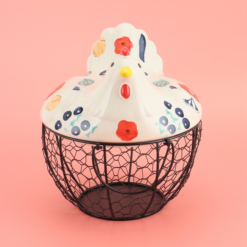 Chicken Egg Storage Skelter Baskets for Fresh Eggs, Metal Mesh Wire Ceramic Egg Holder Countertop Organization