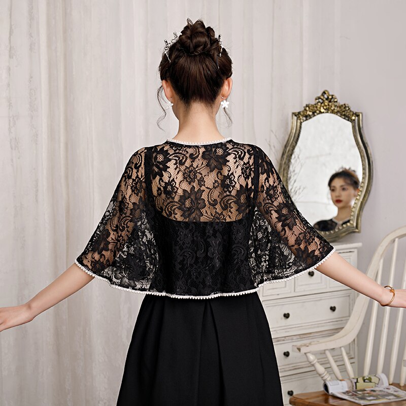 Women Lace Jacket Evening Wraps Bridal Wedding Party Bolero Pears Beaded With Brooch
