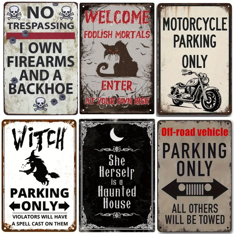 Vintage halloween-skilt kun til parkering, unikt stopskilt, finurlig kost, heksedekoration til køkken, soveværelse, café, bar, stue: Lysegul