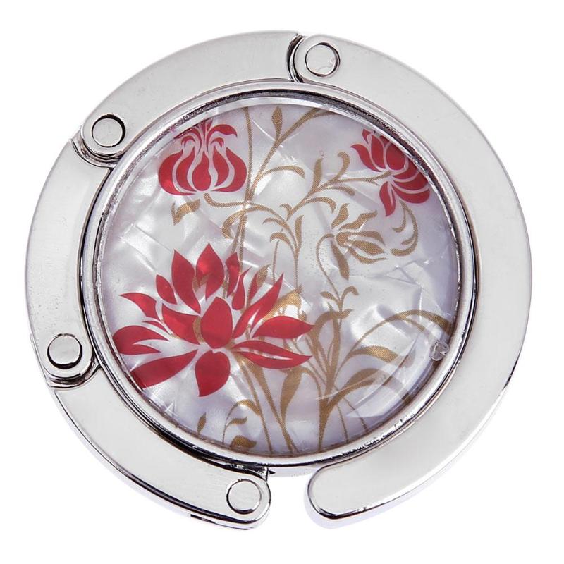 Gancho Metálico Redondo y Plegable para Colgar en la Mesa, 1 Unidad, Soporte con Dibujo de Flores y Aleación de Cristal, Colgador en Suspensión Portátil para un Objeto o para Bolso de Mano: C