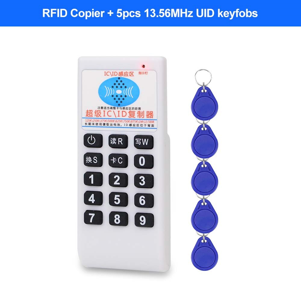 Handhållen 125 khz  -13.56 mhz frekvens rfid kopiator läsare skrivare id-kort kloner programmerare omskrivbara kort  em4305/t5577 uid: Med 5 uidkey