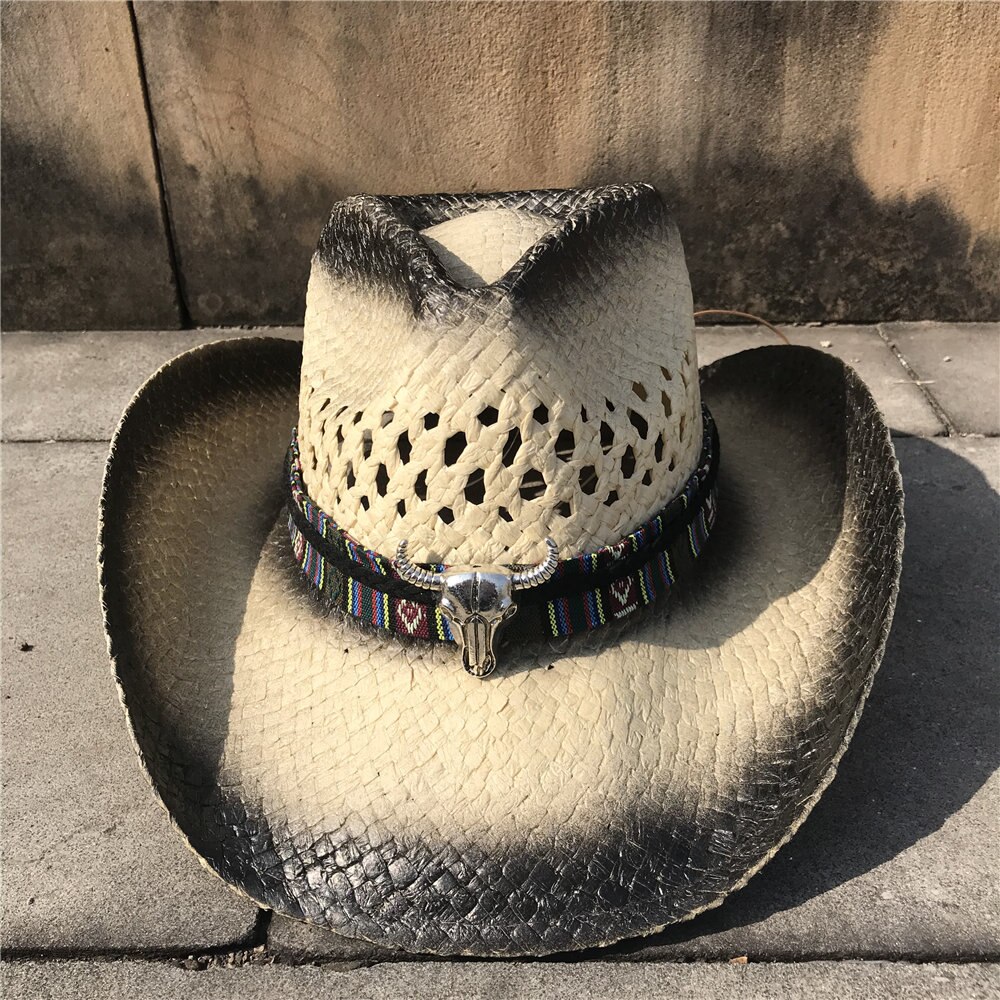 Handgemaakte Vrouwen Mannen Hollow Western Cowboy Hoed Vader Schipper Strand Sombrero Hombre Hoed Dame Handgemaakte Stro Sunbonnet Zonnehoed: Black HEF