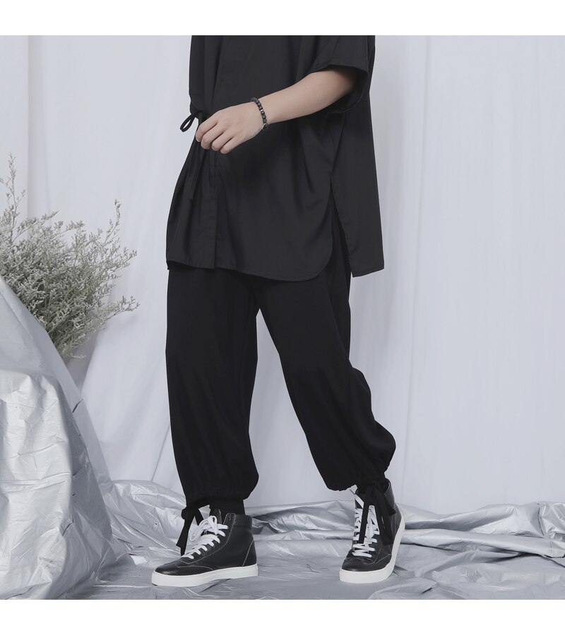 Pantalones de pierna ancha para hombre, pantalones holgados de pierna recta, tendencia japonesa Yamamoto, estilista negro oscuro, pantalones cortos punk para hombres