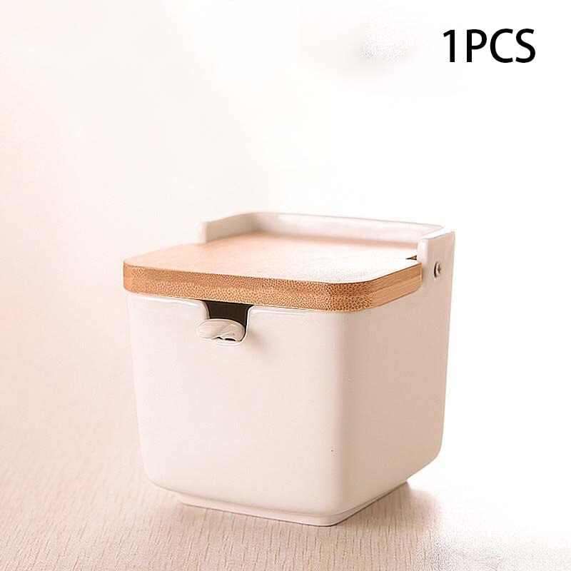 Keramik Salz Container Küche würzen Töpfe Pfeffer Gläser Lagerung Mit Deckel Löffel Porzellan Kasten Bambus Abdeckung Würze Gewürz Gestell: 1Stck Weiß Töpfe