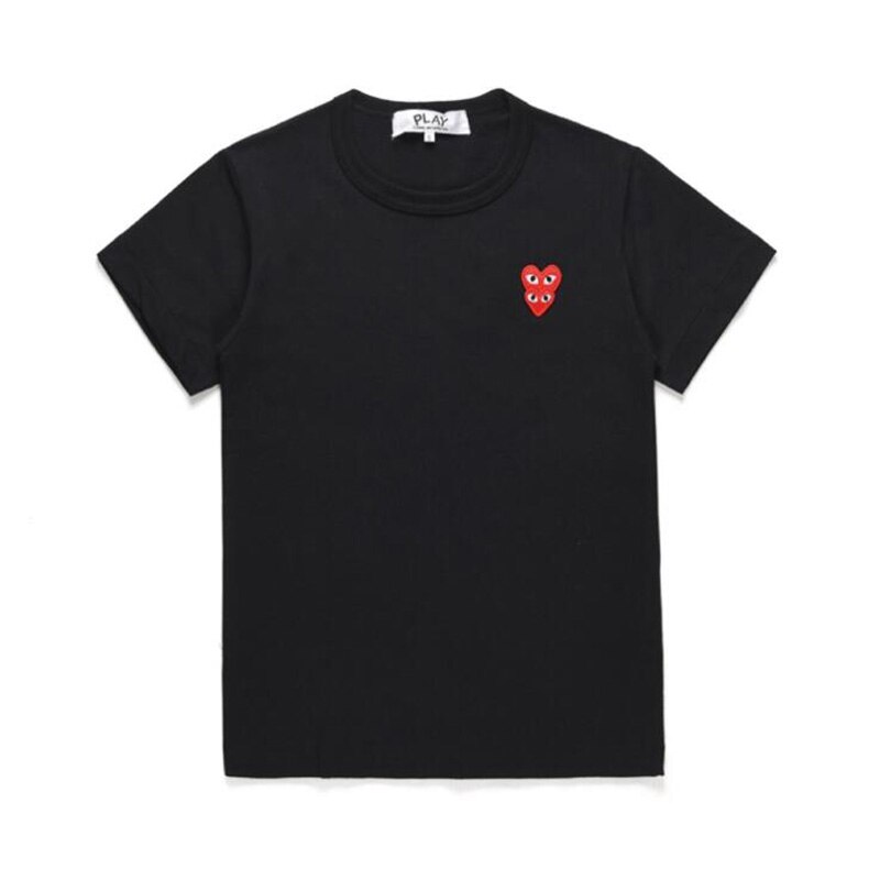 Play Mannen Vrouwen T-shirt Overlap Borduurwerk Dubbele Hart Ronde Hals Korte Mouwen Katoenen T-shirt Zomer Losse Casual Couplet-shirt: Black / M