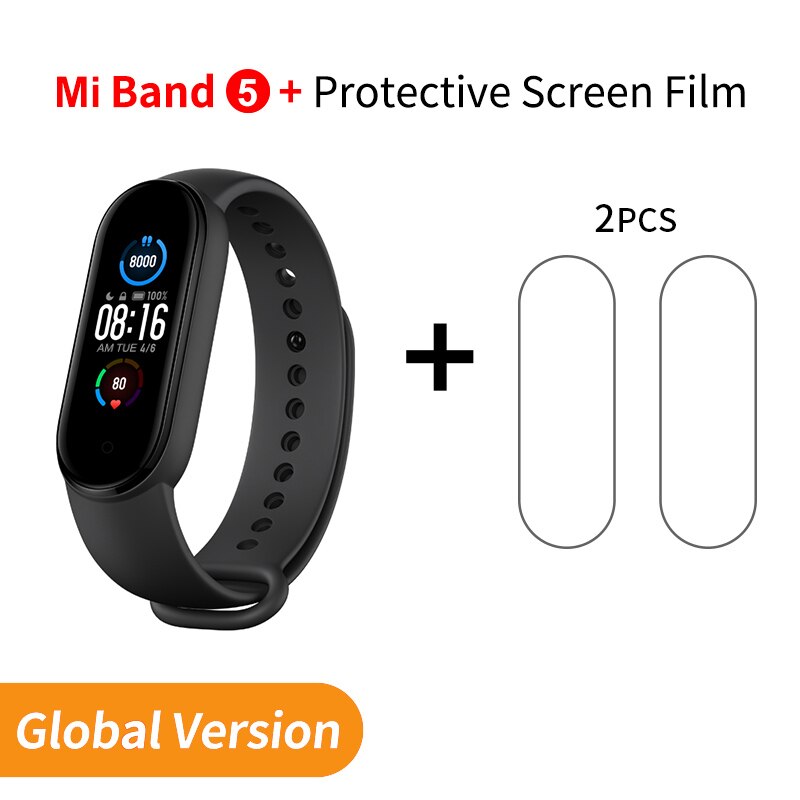 Xiaomi banda 5 versão global pulseira inteligente tela de toque miband 5 pulseira esporte rastreador de fitness monitor de freqüência cardíaca: Add 2pcs Screen Film