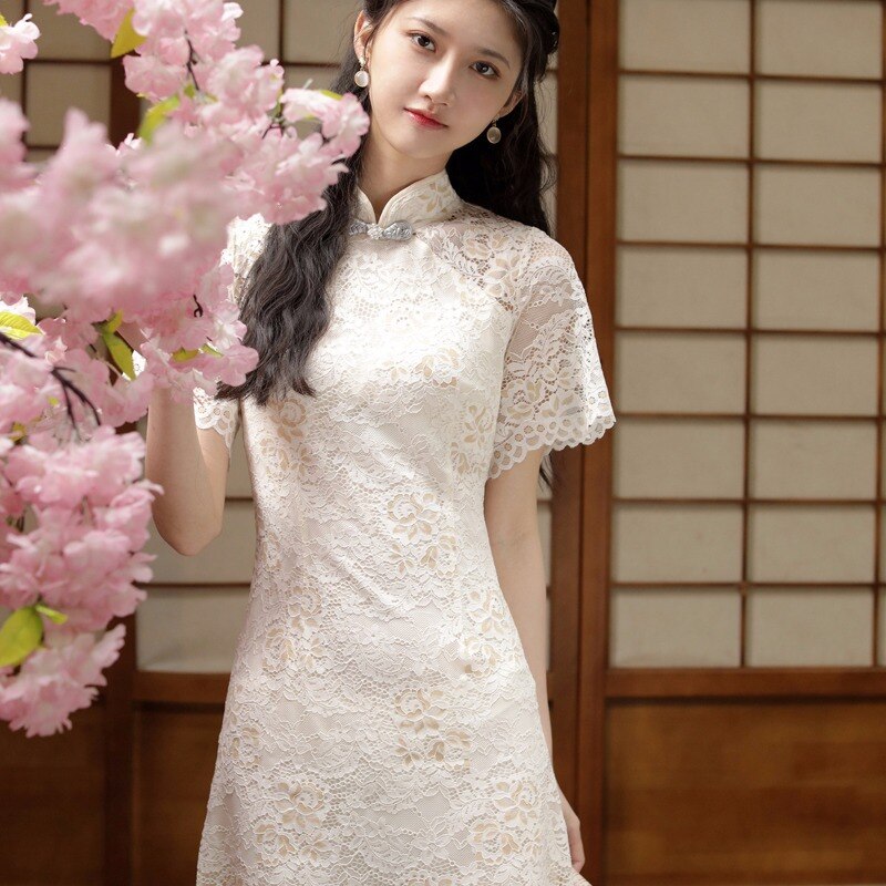 Kant Cheongsam Jong Zomer Meisje Elegante Gewijzigde Taille Lange Jurk