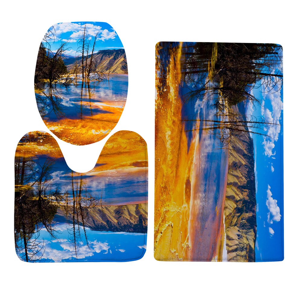 Cloocl Wc Cover Set Yellowstone Park Natuurlijke Landschap 3D Flanel Drie Stuk Wc U-Vormige Tapijt Absorberende tapijt: Three Piece Set 2 / 40cmX60cm