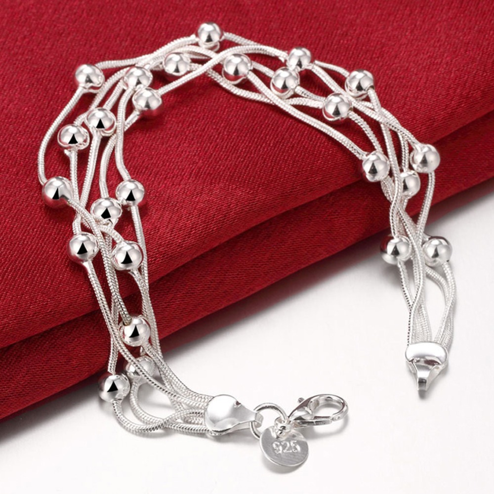 Multi-Line Beading Charm Bracelets for Women 925 Sterling Silver Jewelry Snake Chain Bracelet