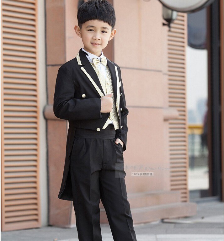 Børn sort smoking sæt kostume fødselsdag afslappet formel dreng bryllupsdragter blazere 5 stk sæt  f1016