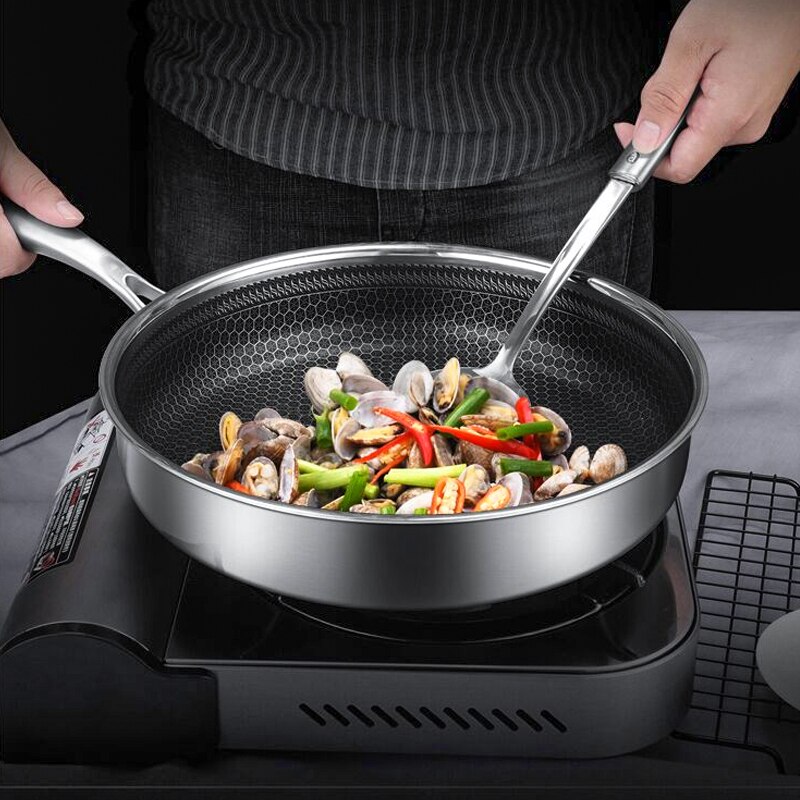 Frying pan,Coated 304 Stainless Steel wok pan Nonstick Fry Pan Steel handle Cooking pots,kitchen Cookware