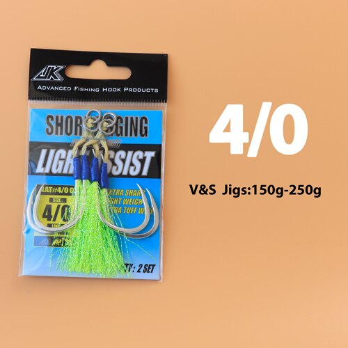 JK Fishing Hooks Sea Glow 1/0 2/0 3/0 4/0 Fish Assist Hook Twins Double Fishery Fishhooks Jig Slow Feather for Fishing Attract: LAT- 4 l 0