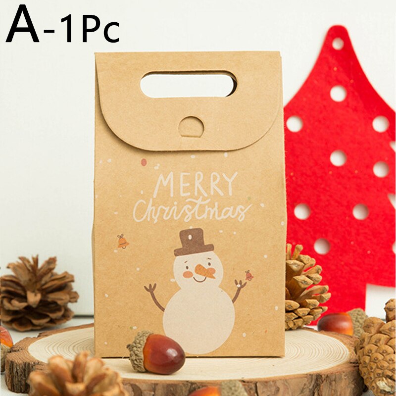 1Pcs Christmas cartoon kraft paper box retro kraft paper cartoon tote bag candy biscuit apple packaging tote bag: 01