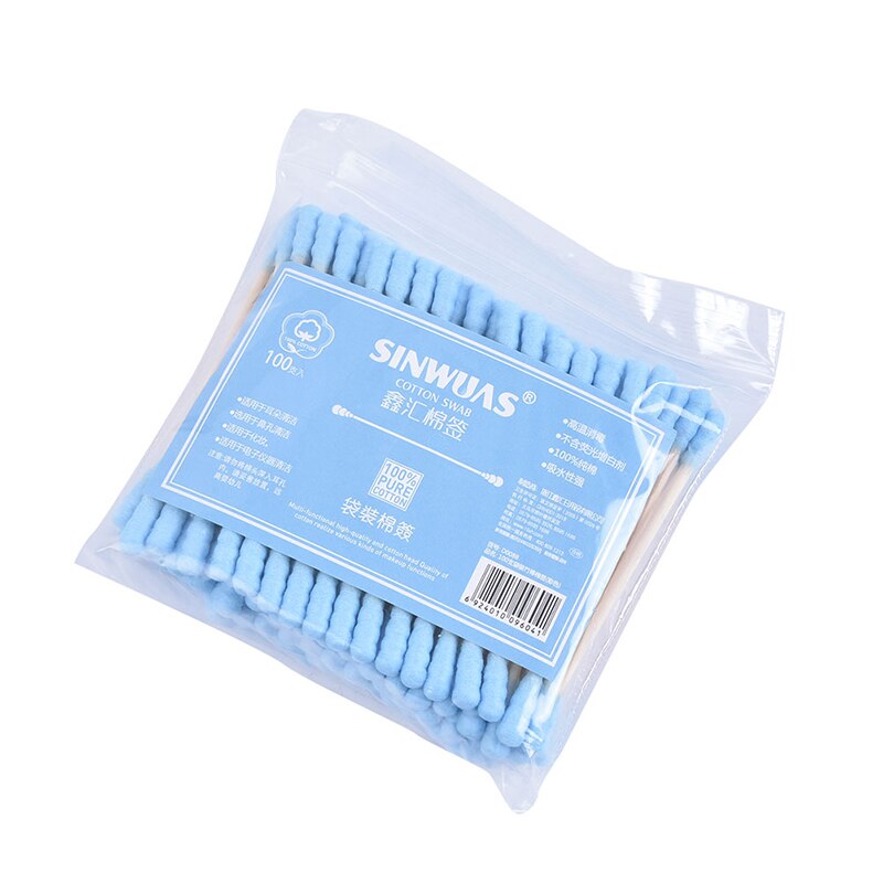 100 stuks/pak wattenstaafjes met dubbele kop voor vrouwen make-up wattenstaafjes punt houten stokjes neus oren reinigingshulpmiddelen gezondheidszorg: Blauw