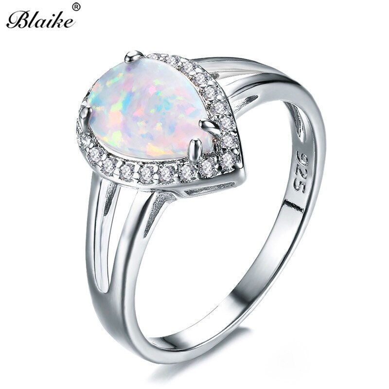 Blaike luxo branco ouro cheio gota de água branco fogo opala anéis para mulheres moda jóias arco-íris birthstone anel de noivado