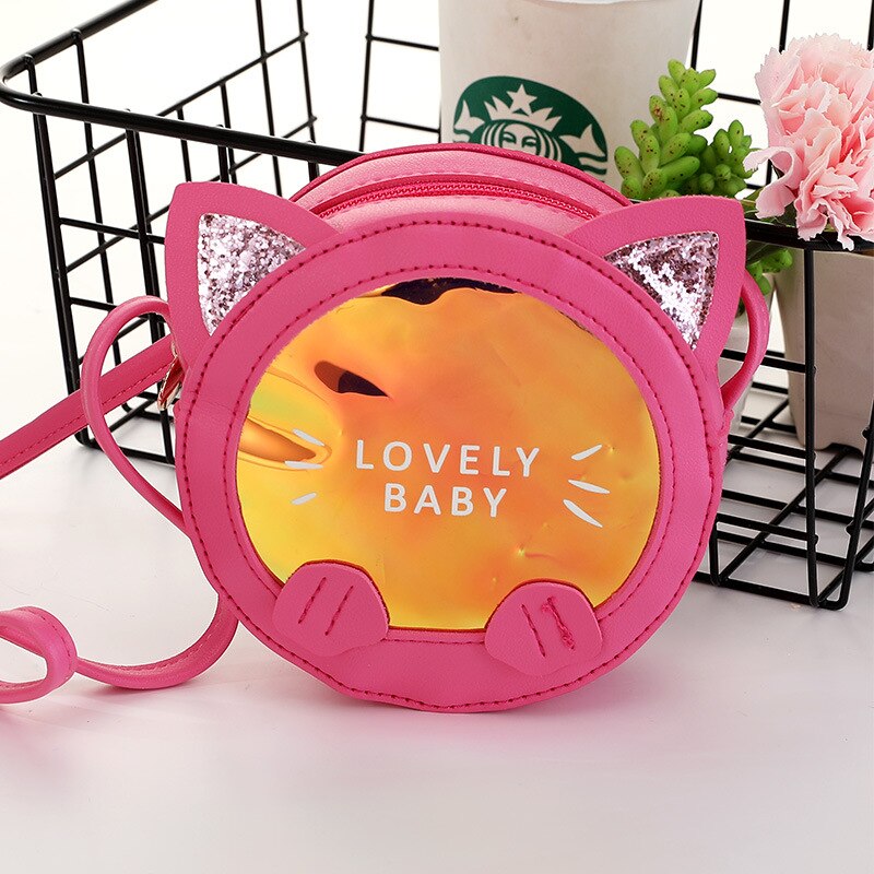 Korean Cute Kids Cat Crossbody Bag Cartoon Baby Girl Toddler Mini PU Messenger Bags Shoulder Bag: Pink red cat