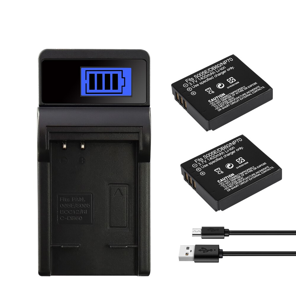 CGA-S005 S005E DB60 NP70 Batterie For Panasonic Lumix DMC-FX180,LX1,LX2,LX3 FX01 FX07 FX3 FX100 1400mAh Camera Battery CGAS005E: 1Charger 2Battery