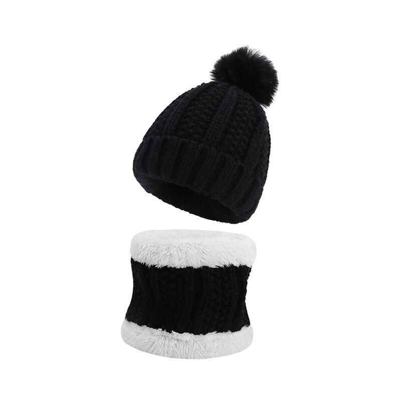 Conjunto de gorro infantil com 2 peças, gorro de pelúcia para bebês meninos e meninas quente: Preto