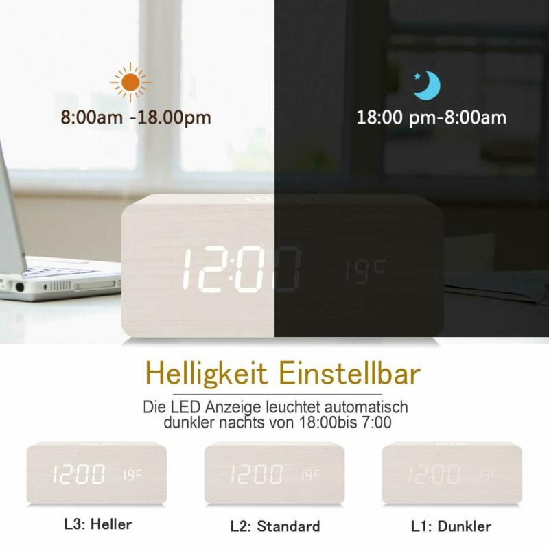 Moderne Houten Digitale LED Desk Wekker Thermometer Kalender Geluid Controle