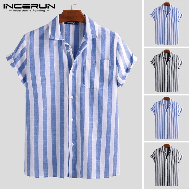 Incerun Mode Casual Shirt Mannen Gestreepte Korte Mouwen Revers Ademend Chic Blouse Camisa Masculina Shirts Mannen S-5XL