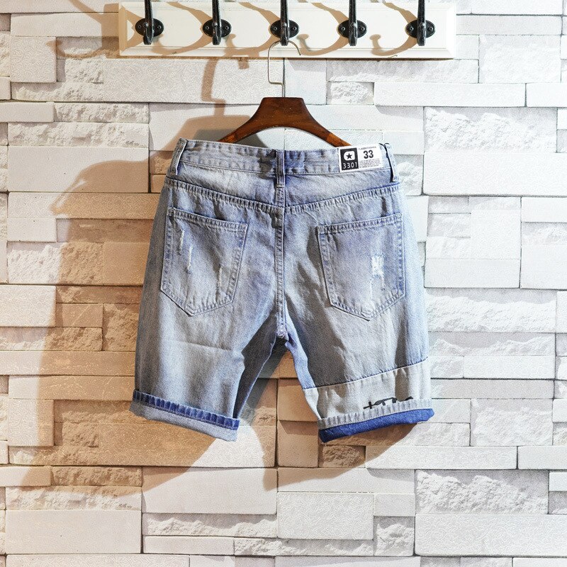 Ripped denim shorts men\'s brand summer loose Korean trend thin section Harajuku bf trousers horse short pants