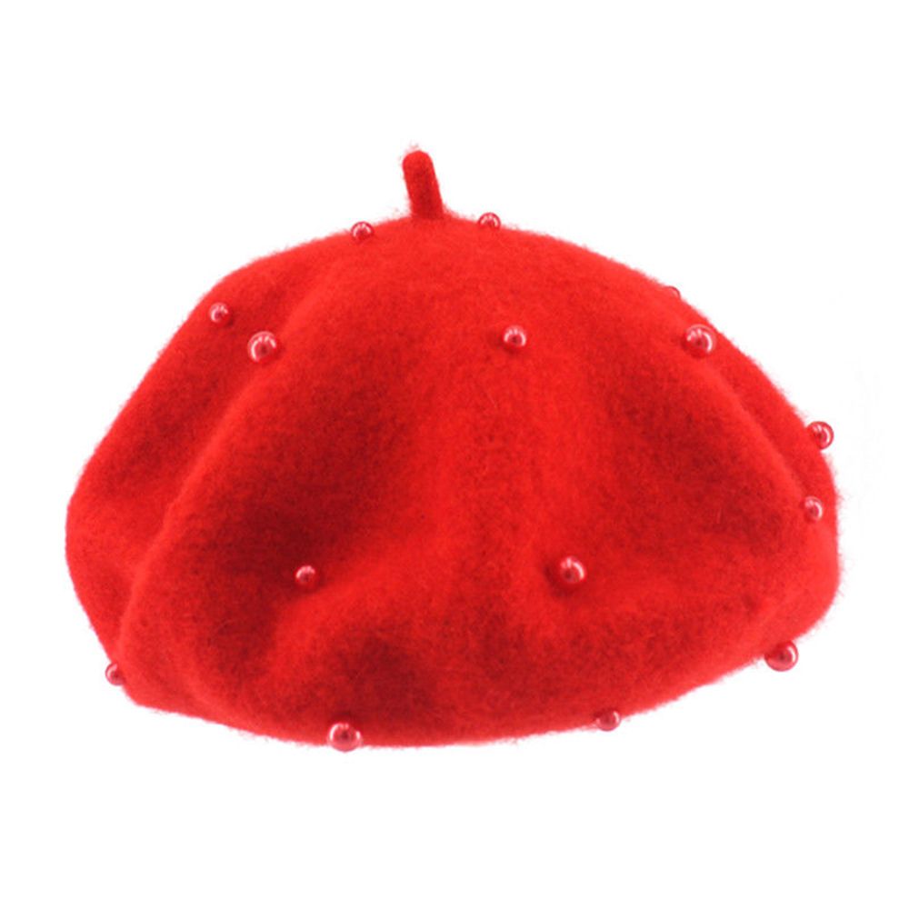 Vinter baby söt ull hatt med pärlor godis färg retro basker mössa för 3-8 år för pojkar och flickor 1pc: Röd