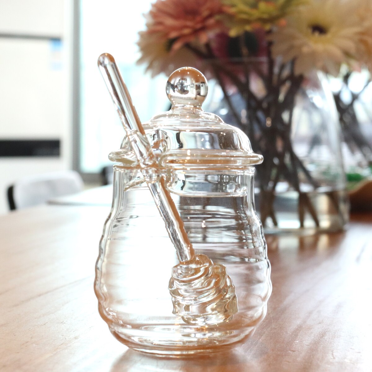 Pot à miel en verre de 250ml, ensemble de bocaux de confiture transparents avec trempette et couvercle pour usage domestique en cuisine