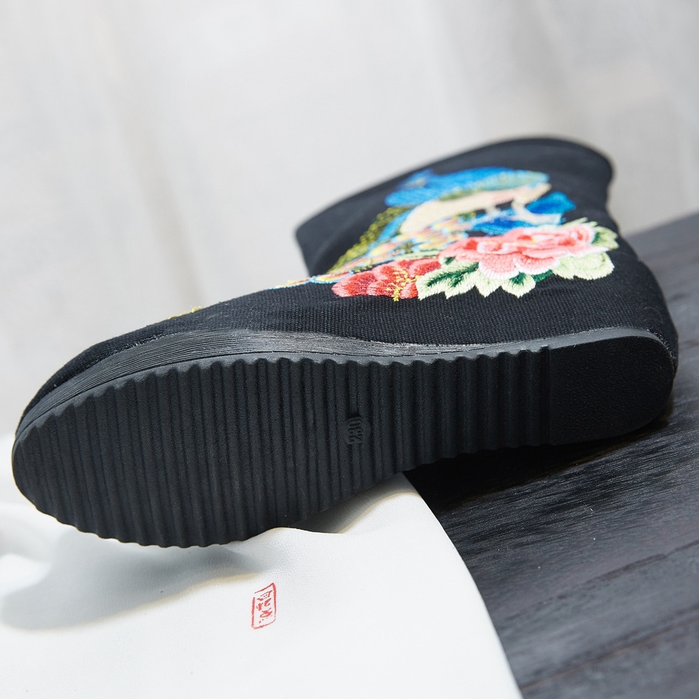 Veowalk Pailletten Pauw Geborduurde Vrouwen Katoen Korte Laarzen Verborgen Wedge Platform Comfortabele Herfst Schoenen Voor Dames