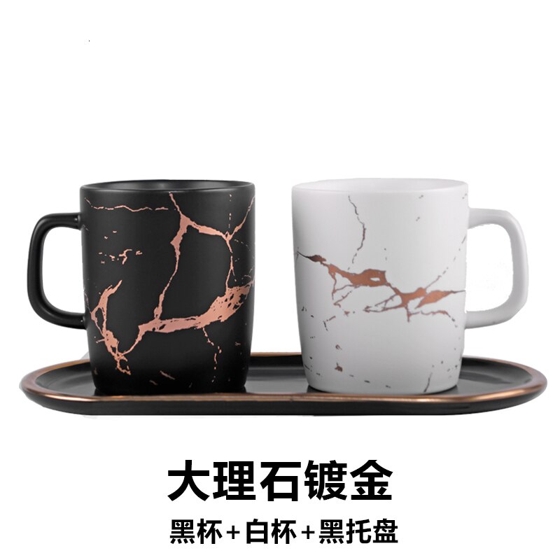Tasses en céramique japonaise marbre plaqué or | Tasses à café blanc et noir, tasse de petit déjeuner: cup  Black tray
