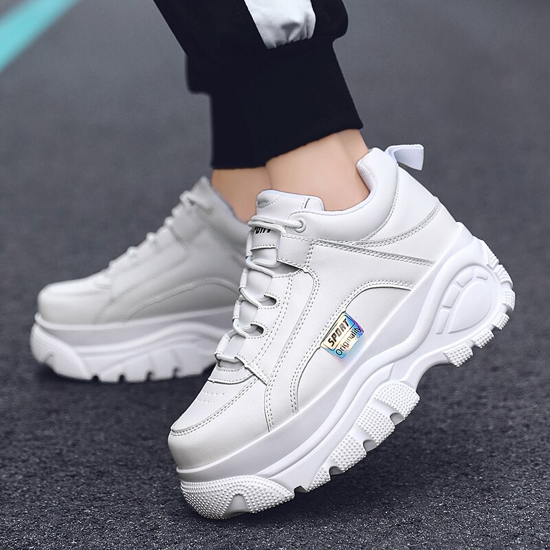 Tyk sål kvinder sneakers læder platform kvindelige fritidssko chunky sneakers efterår vinter kvinder creepers  xu128