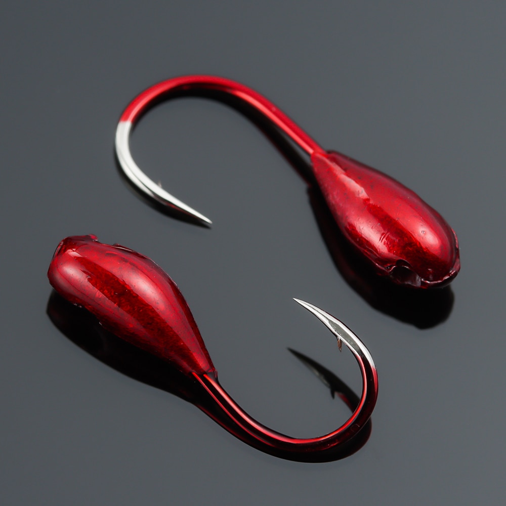Anzuelos de pesca de Lago de hielo de invierno, 10 piezas, cabeza de plantilla volteada, anzuelo de plomo, gusano rojo, señuelo, cebo, aparejos de pesca de carpa