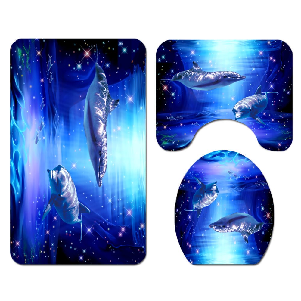 Djupt hav 3d duschdraperier tyg vattentät ocean delfin badrumsgardinset toalettöverdrag matta halkfri matta heminredning: 3 st