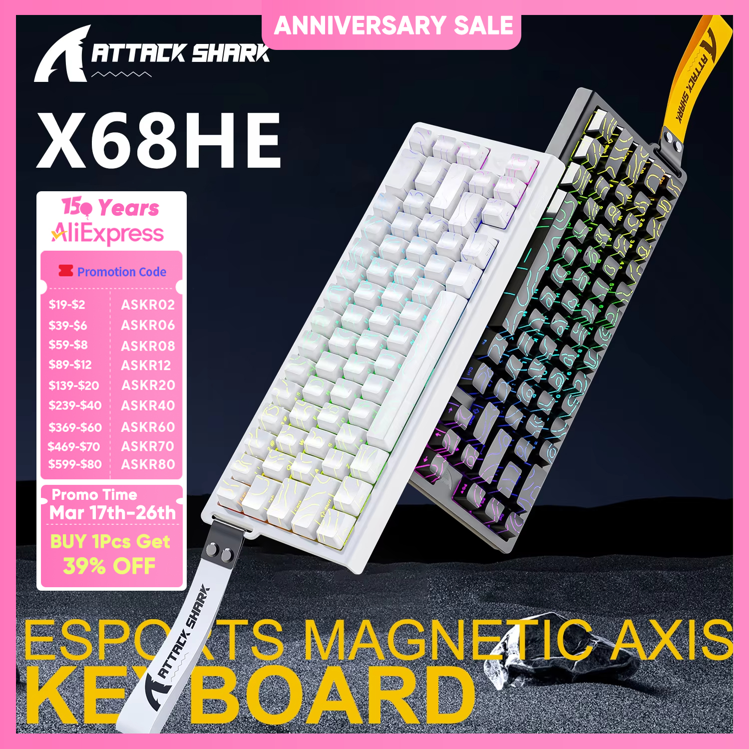 ATTACK SHARK X68HE Magnetyczna klawiatura mechaniczna 8K Low Delay E-Sports Gaming Keyboard RGB 0.01mm RT Accuracy PC Akcesoria Prezent