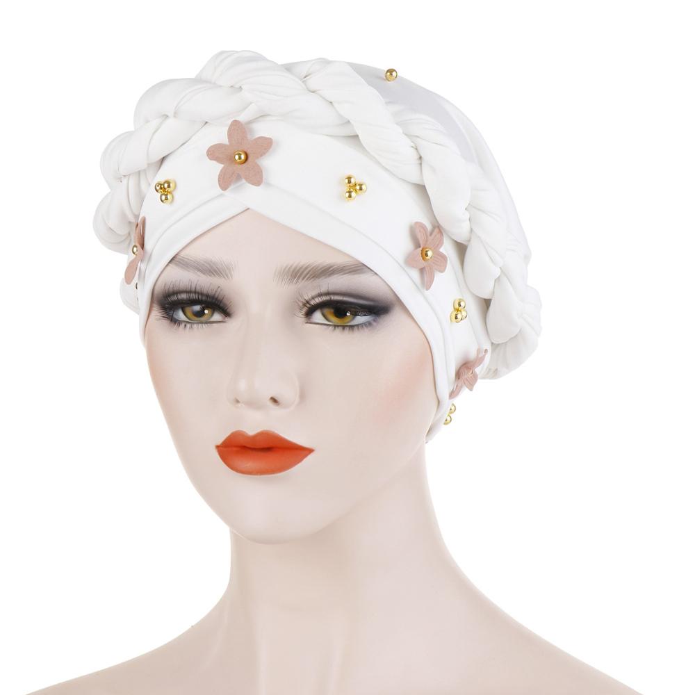 Gorros dorados 3d flor estilo africano sombrero con cuentas musulmana accesorios para el pelo turbante mujer sólida trenzada Banda TUB002: white