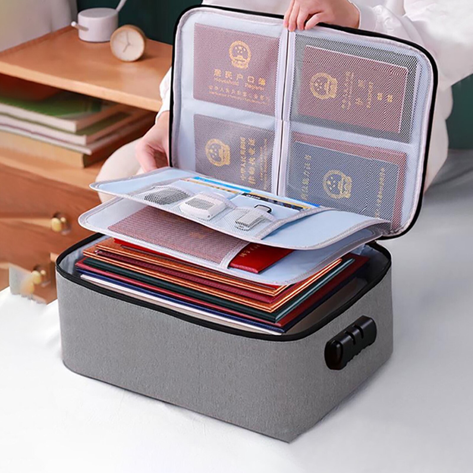 Large Capacity Multi-Layer Document Storage Bag Certificate File Organizer Case A4 Folder Passport Card Briefcase Password Lock