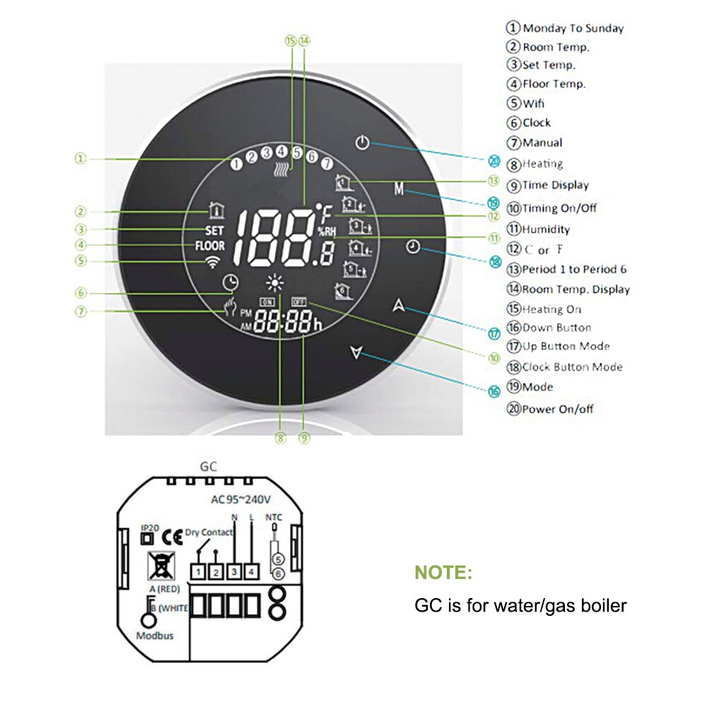 BHT-6000-GCLW Water/Gas Boiler Thermostat Backlight WIFI Weekly Programmable LCD Touch Screen Works with Alexa Google home