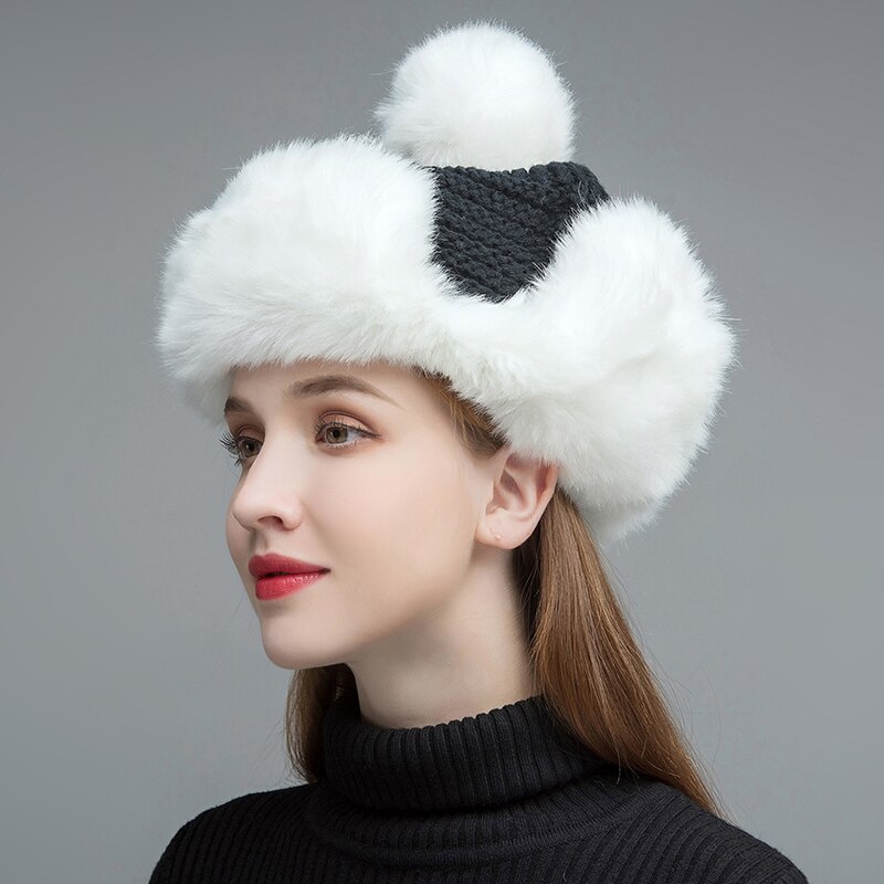 Gours – chapeaux en fausse fourrure russe pour femme, couvre-chef épais et , en tricot, à la , hiver, GLH030: Black