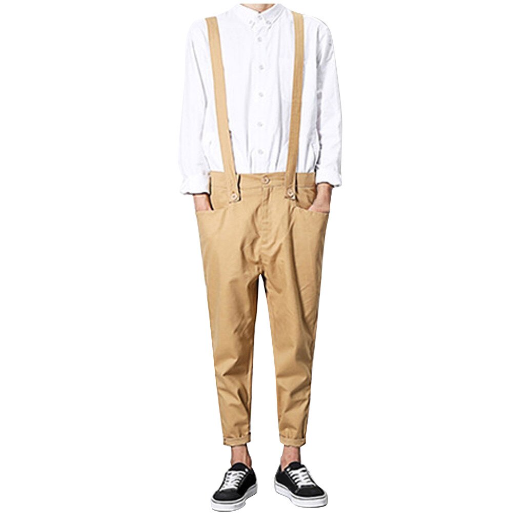 JAYCOSIN Men's pants Harajuku Style Hip Hop Men Overalls man Personality Nine-cent Bib Pants Loose male Button trousers: L / Khaki