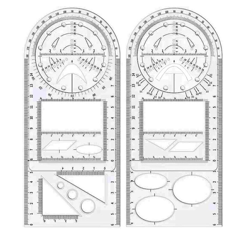 Juego de reglas geométricas multifuncionales, regla de dibujo de matemáticas con 14 figuras geométricas, conjunto de transportador redondo: Junior high school v