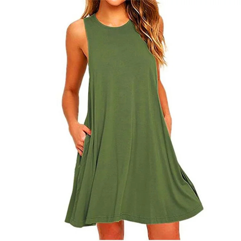 Damesjurk Zomer Casual T-shirtjurken Strand Cover-up Effen geplooide tankzakkenjurk: XL / Army Green
