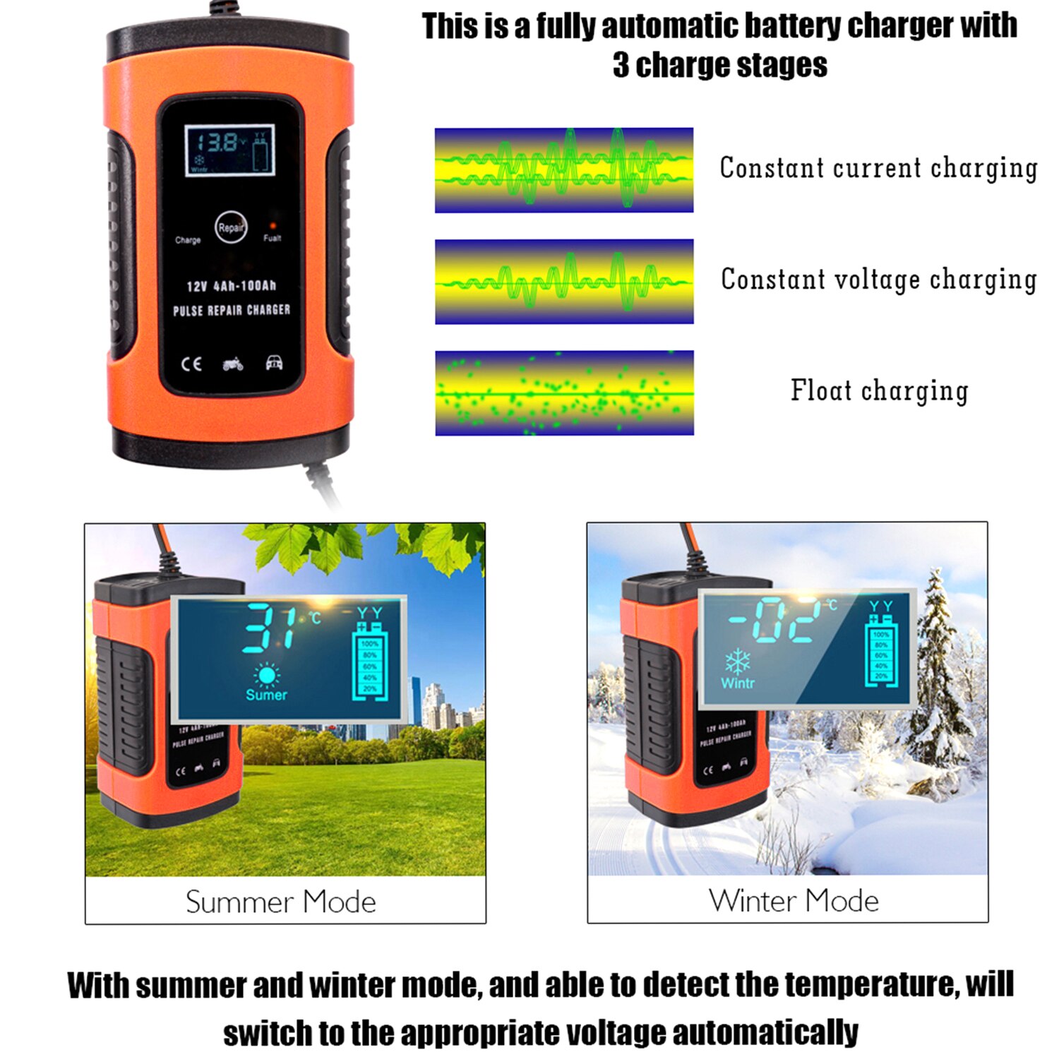 12V 6A LCD Smart Fast Car Battery Charger for Auto Motorcycle Lead-Acid AGM GEL Batteries Intelligent Charging 12 V Volt 6A