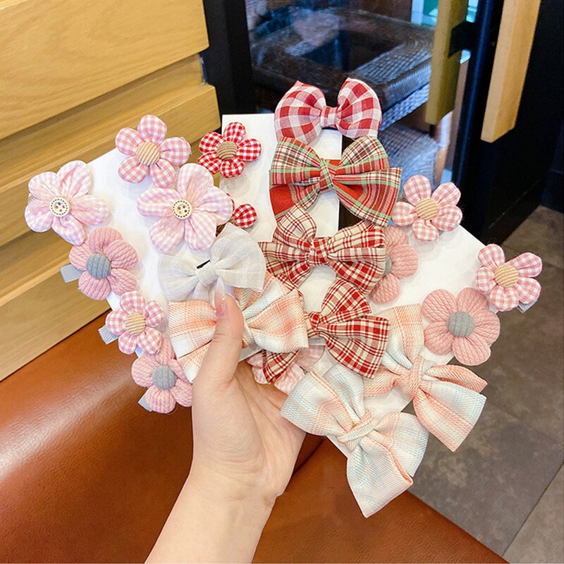 6/7 Pcs Baby Haar Clips Bloem Bogen Kids Haarspelden Voor Meisjes Plaid Gedrukt Kinderen Haarspeldjes Baby Meisje Haar Accessoires