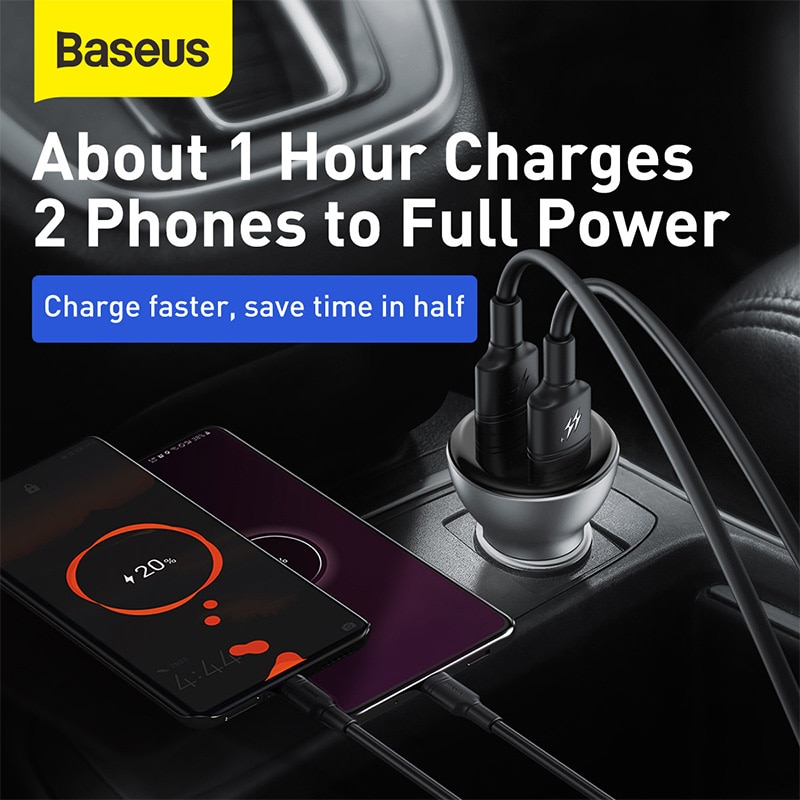 Baseus Metalen 45W Dual Usb Car Charger Voor Iphone 11 Samsung S9 Mobiele Telefoon Oplader Voor Xiaomi Auto Telefoon lader Led Display