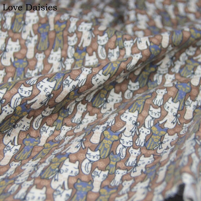 100% Katoen Vlakte Geborsteld Leuke Bruin Met Blauwe Witte Kat S Soft Cozy Stoffen Voor Herfst Kleding Dress Shirt Handwerk patchwork